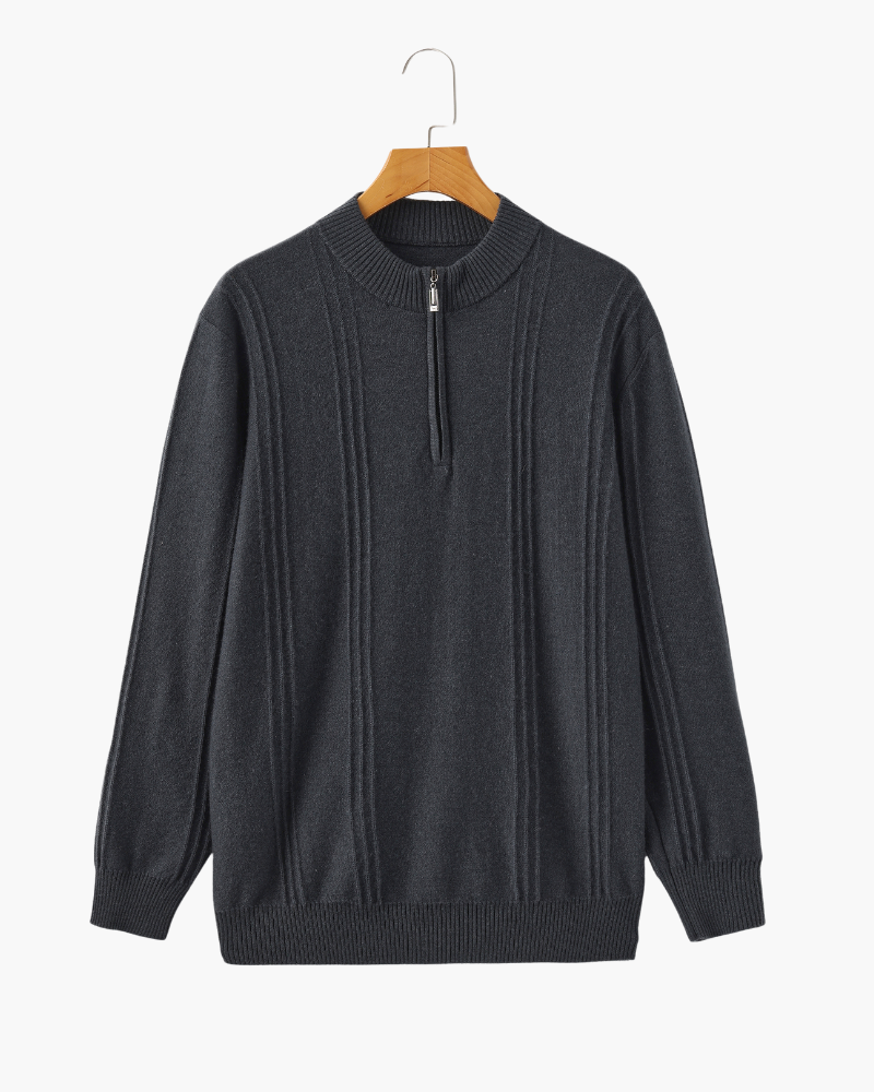 Men's Vertical-Rib Jumper with a Low Zip Neckline - Dark Grey