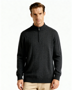Men's Vertical-Rib Jumper with a Low Zip Neckline - Dark Grey