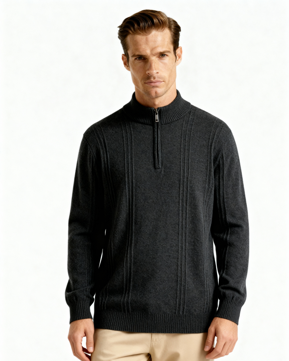 Men's Vertical-Rib Jumper with a Low Zip Neckline - Dark Grey