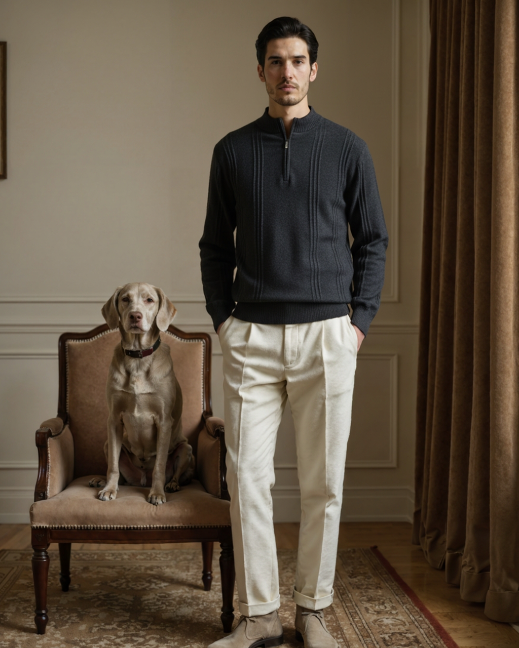 Men's Vertical-Rib Jumper with a Low Zip Neckline - Dark Grey