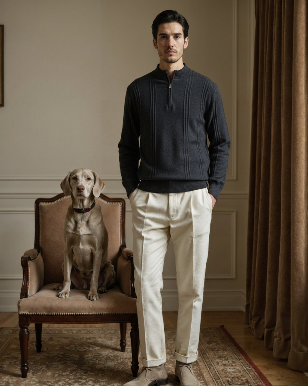 Men's Vertical-Rib Jumper with a Low Zip Neckline - Dark Grey