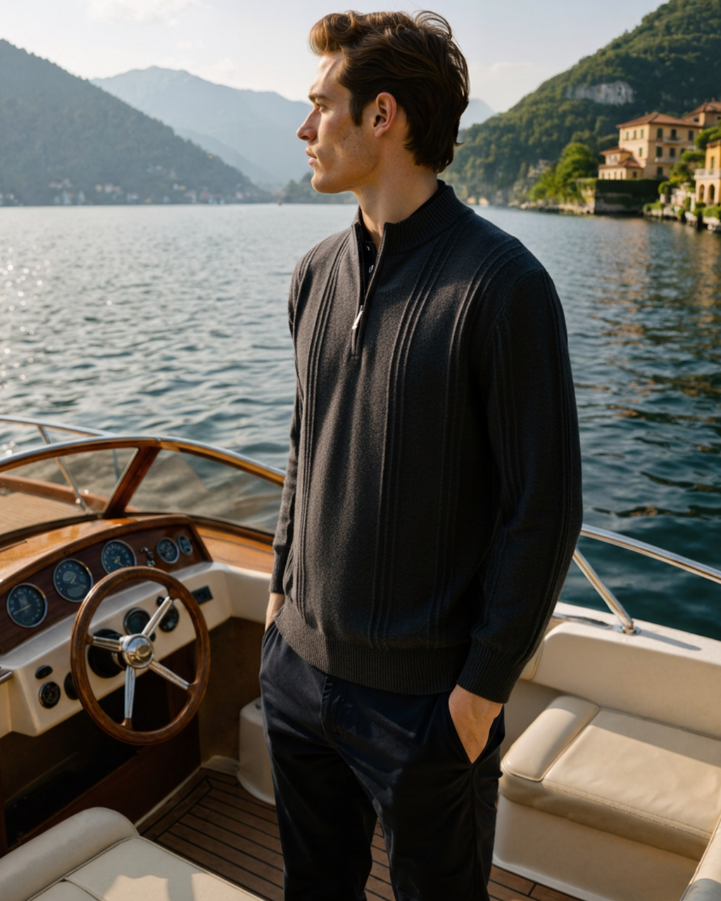 Men's Vertical-Rib Jumper with a Low Zip Neckline - Dark Grey