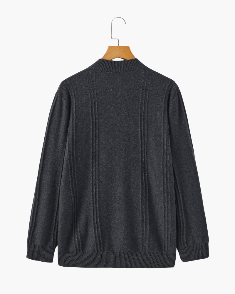 Men's Vertical-Rib Jumper with a Low Zip Neckline - Dark Grey