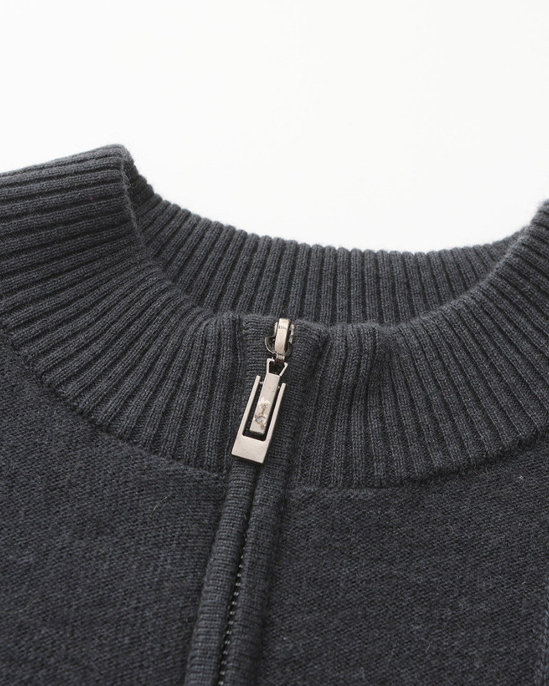 Men's Vertical-Rib Jumper with a Low Zip Neckline - Dark Grey