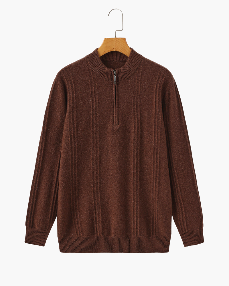 Men's Vertical-Rib Jumper with a Low Zip Neckline - Brown