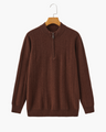 Men's Vertical-Rib Jumper with a Low Zip Neckline - Brown