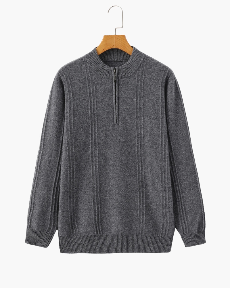 Men's Vertical-Rib Jumper with a Low Zip Neckline - Grey