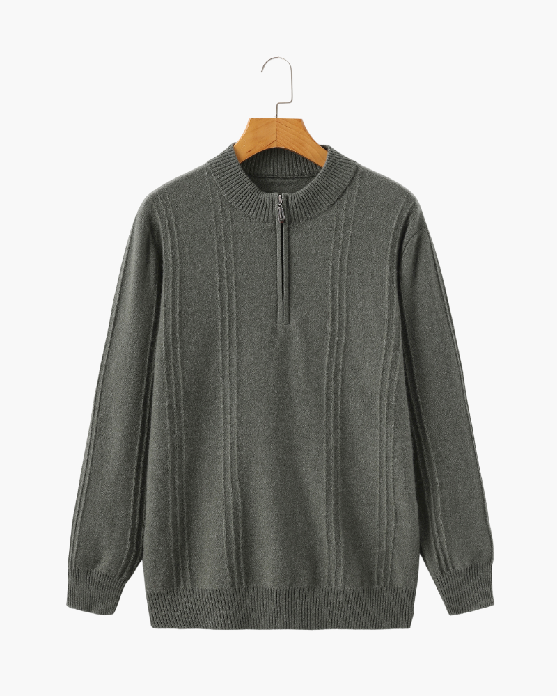Men's Vertical-Rib Jumper with a Low Zip Neckline - Olive Green