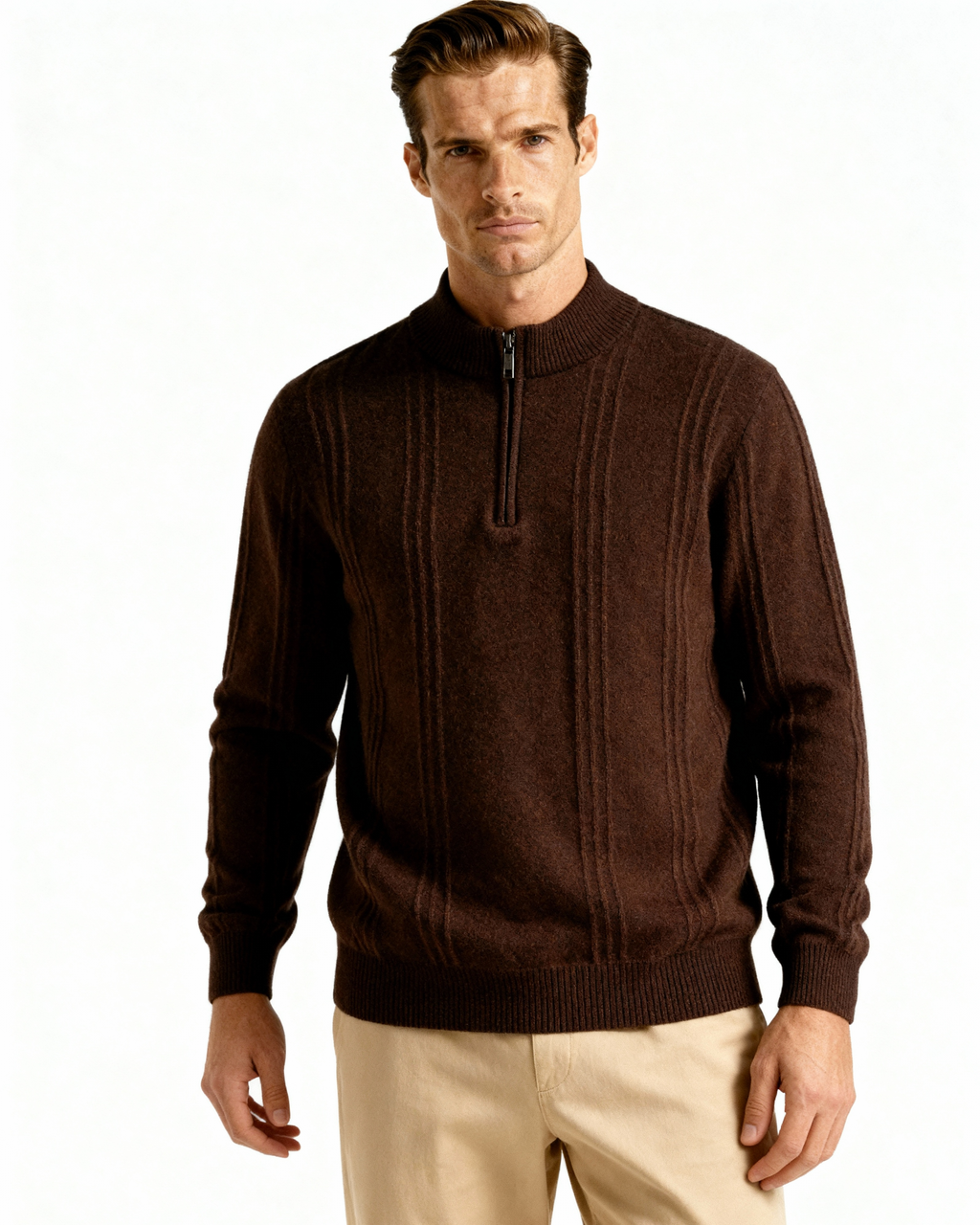 Men's Vertical-Rib Jumper with a Low Zip Neckline - Brown