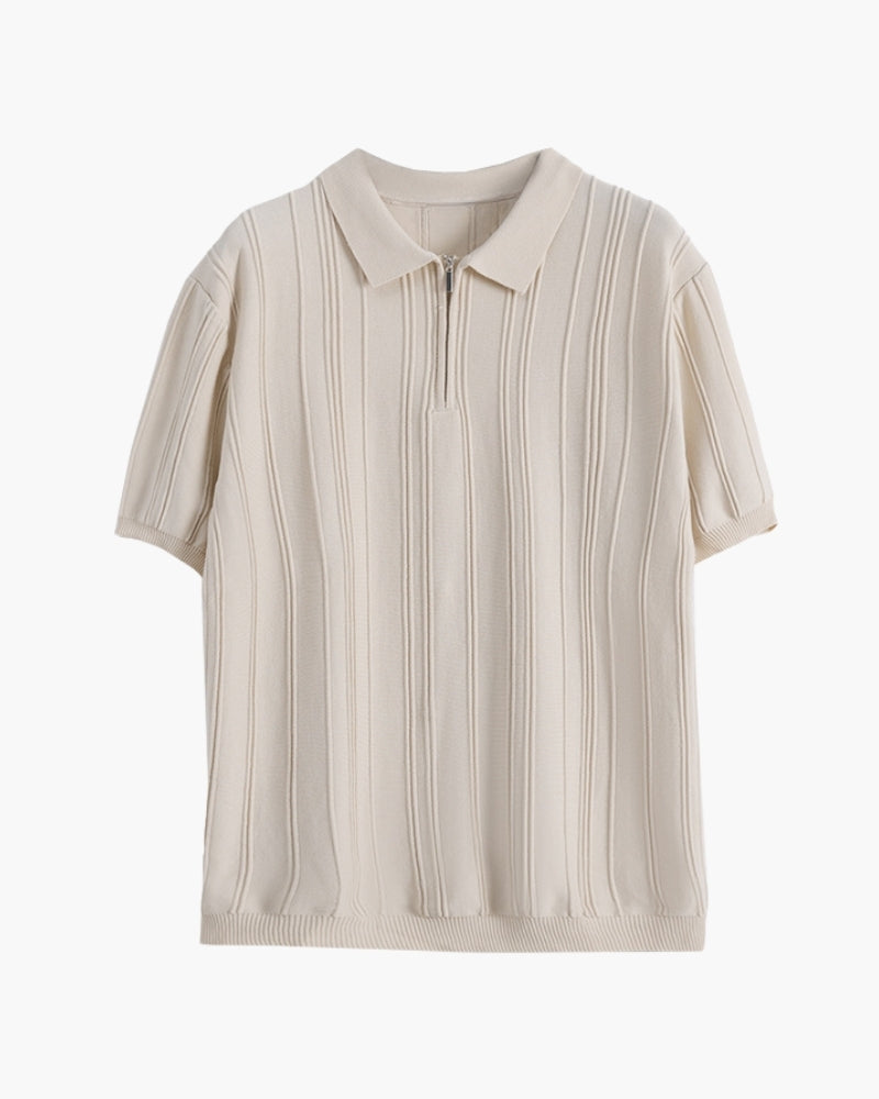 Men's Vertical-Rib Polo Shirt with a Short Zip - Beige
