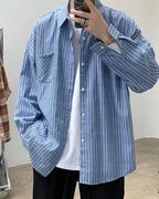 Men's Vertical-Stripe Shirt with a Single Chest Pocket - Light Blue