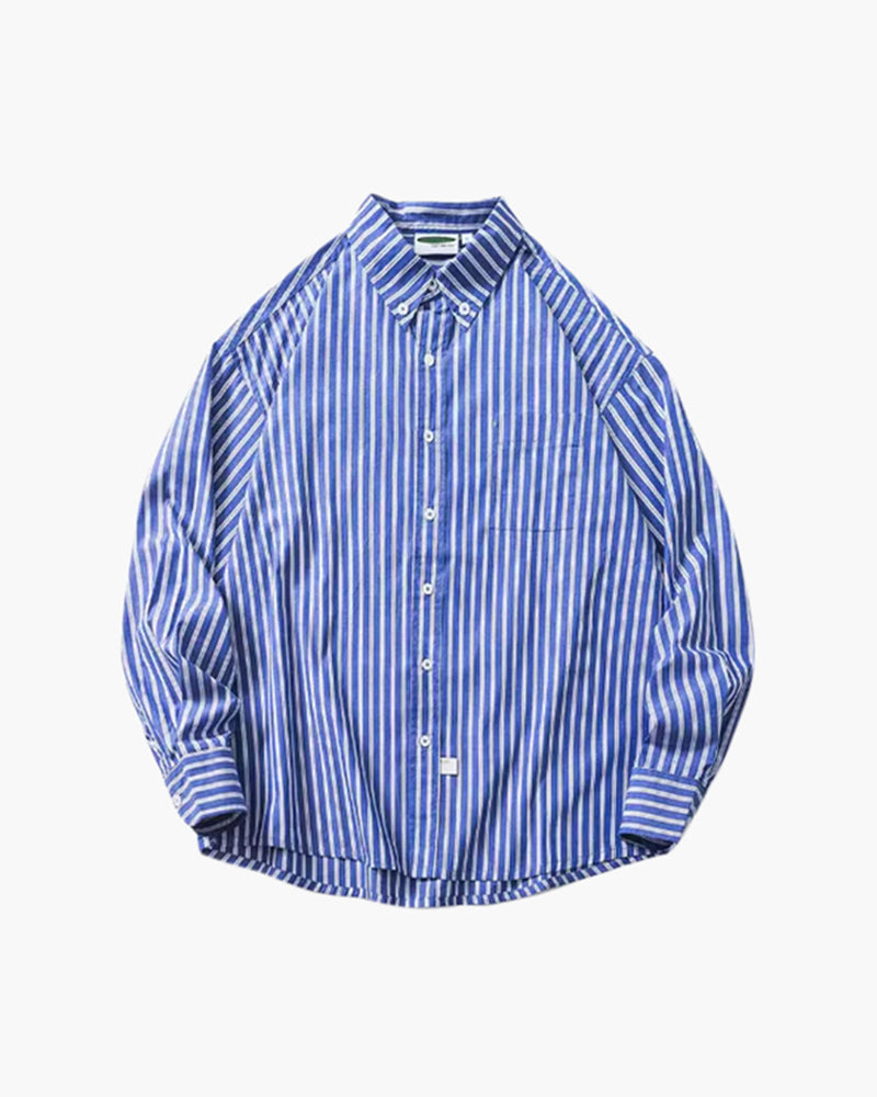 Men's Vertical-Stripe Shirt with a Single Chest Pocket - Blue