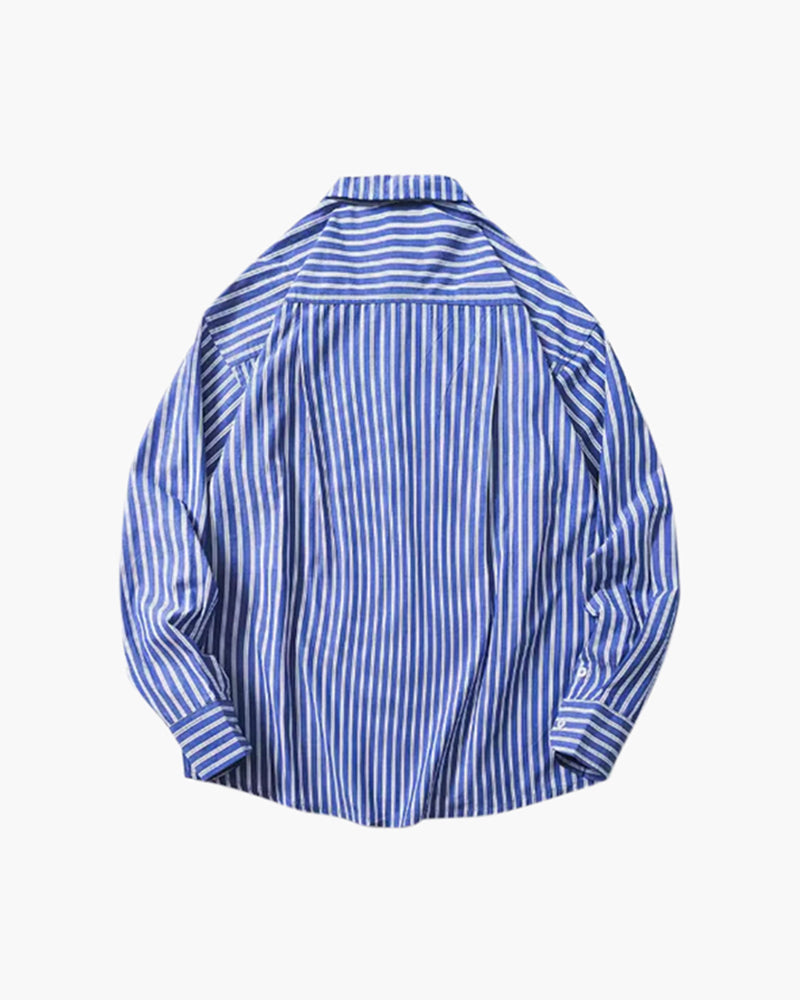 Men's Vertical-Stripe Shirt with a Single Chest Pocket - Blue