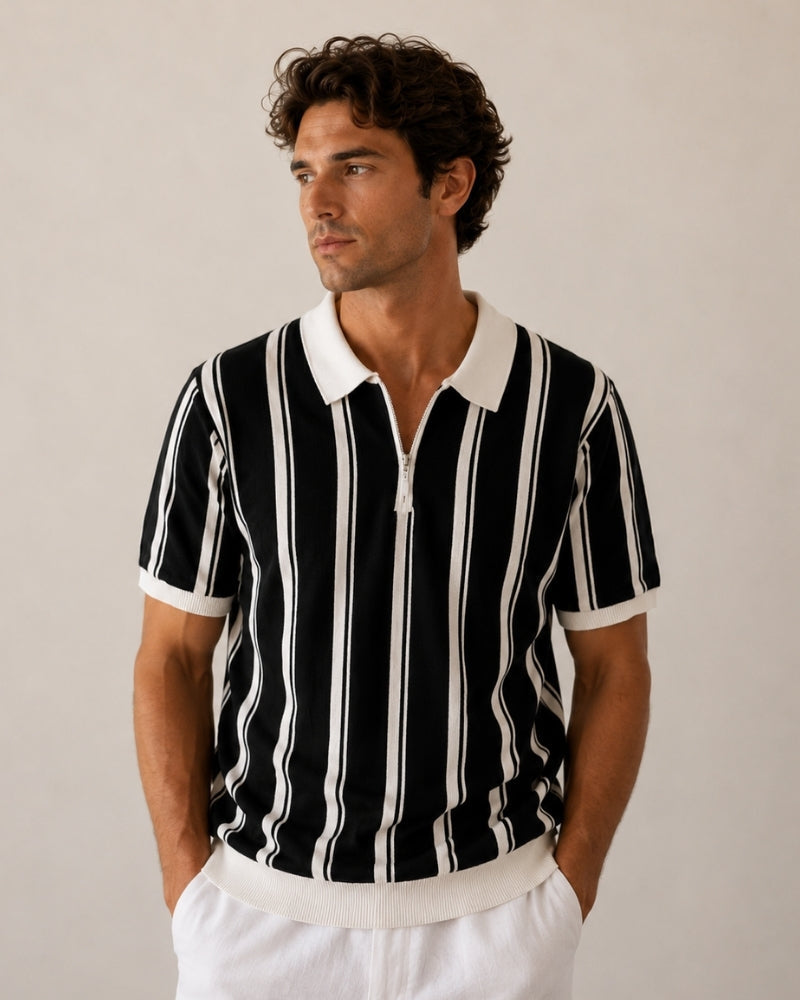 Men's Vertical-Stripe Zip Polo with Contrast Collar - Black