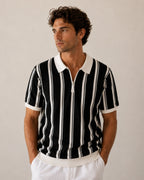 Men's Vertical-Stripe Zip Polo with Contrast Collar - Black