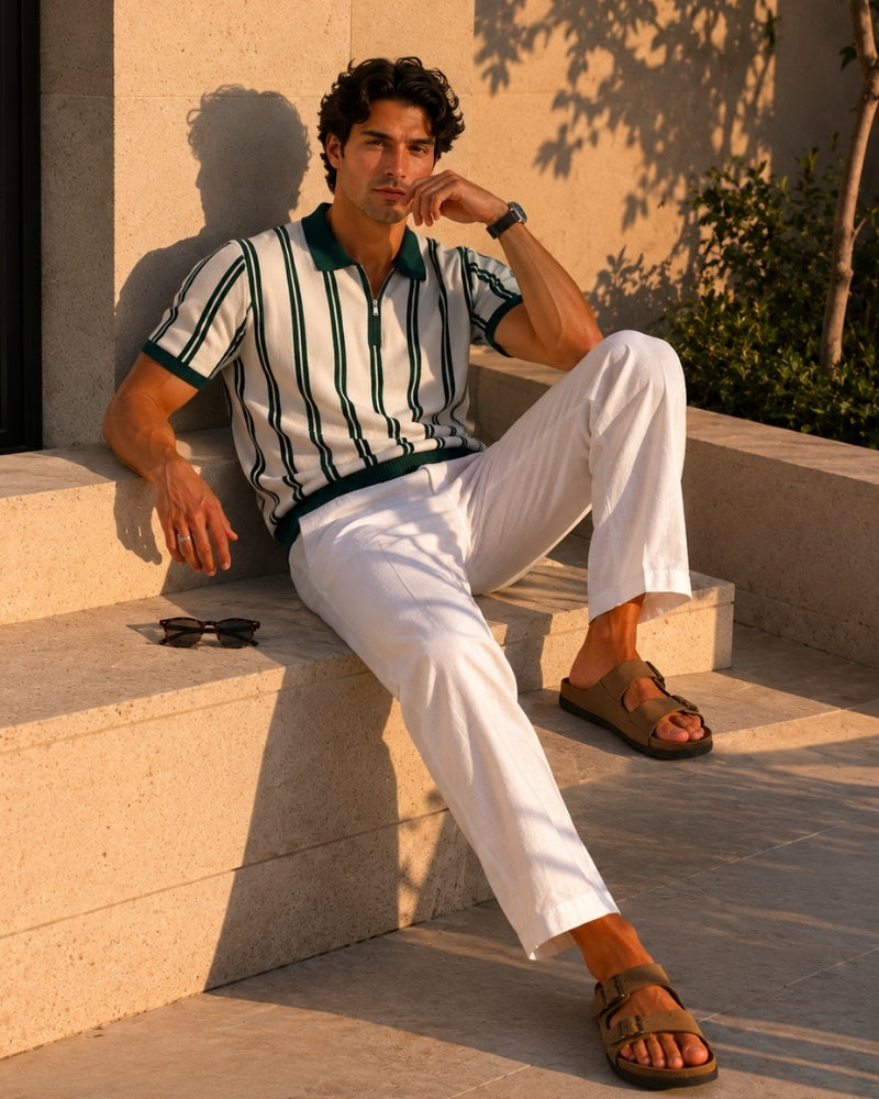 Men's Vertical-Stripe Zip Polo with Contrast Collar - Green