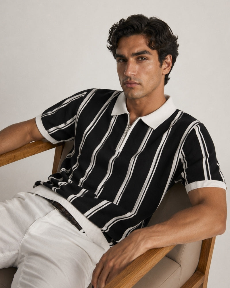 Men's Vertical-Stripe Zip Polo with Contrast Collar - Black