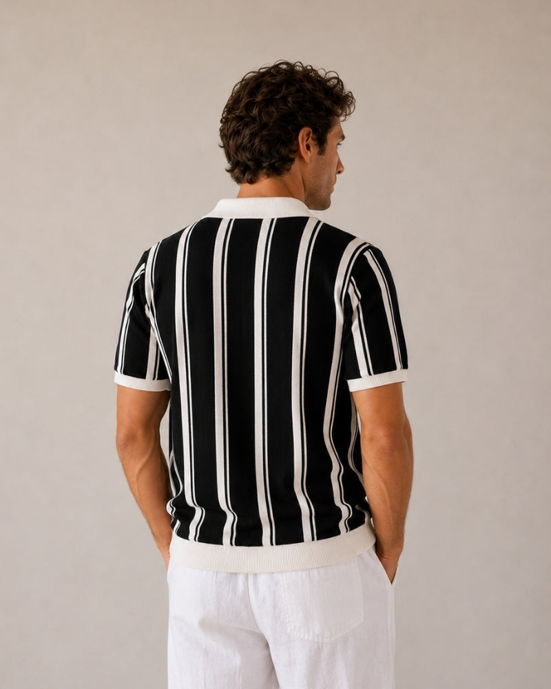 Men's Vertical-Stripe Zip Polo with Contrast Collar - Black
