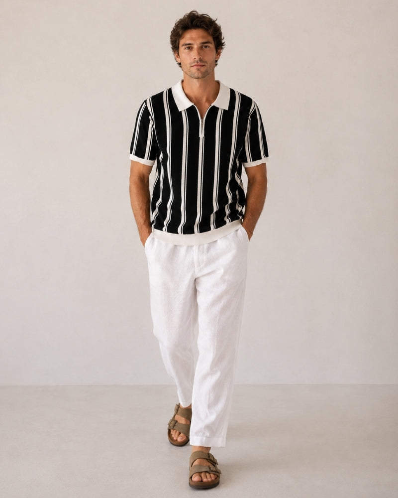 Men's Vertical-Stripe Zip Polo with Contrast Collar - Black