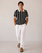 Men's Vertical-Stripe Zip Polo with Contrast Collar - Black