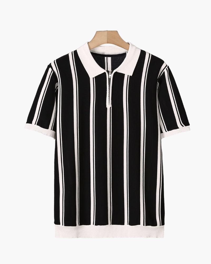 Men's Vertical-Stripe Zip Polo with Contrast Collar - Black