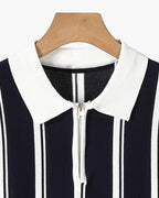 Men's Vertical-Stripe Zip Polo with Contrast Collar - Black