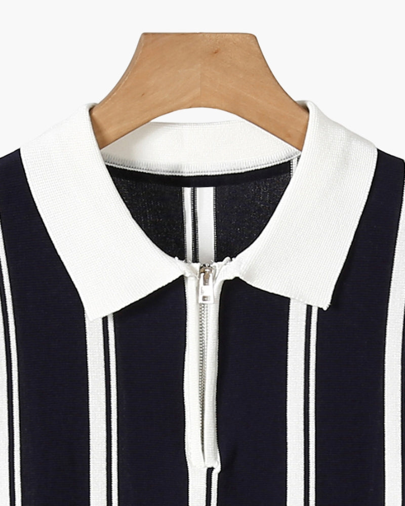 Men's Vertical-Stripe Zip Polo with Contrast Collar - Black