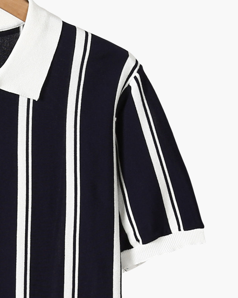 Men's Vertical-Stripe Zip Polo with Contrast Collar - Black
