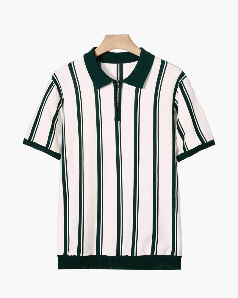 Men's Vertical-Stripe Zip Polo with Contrast Collar - Green
