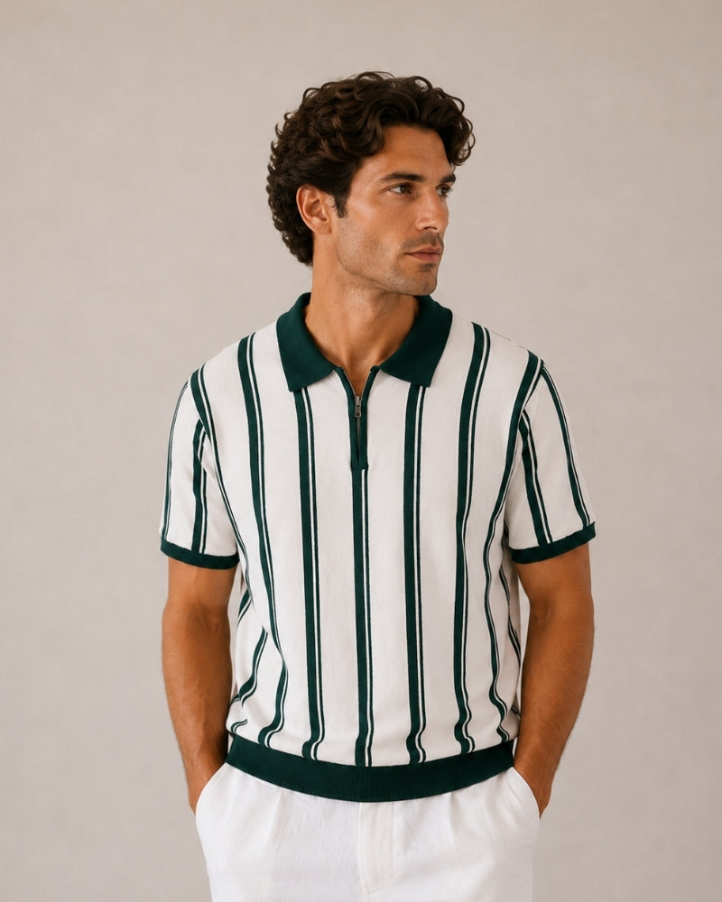 Men's Vertical-Stripe Zip Polo with Contrast Collar - Green