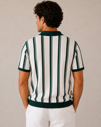 Men's Vertical-Stripe Zip Polo with Contrast Collar - Green