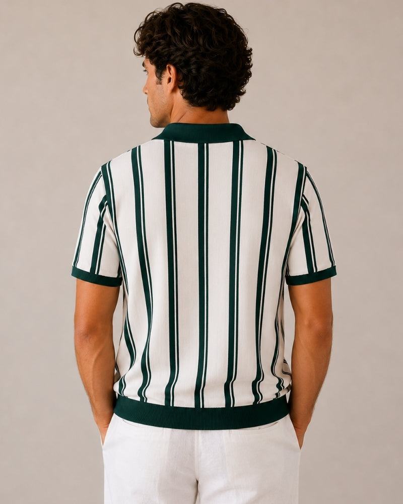 Men's Vertical-Stripe Zip Polo with Contrast Collar - Green