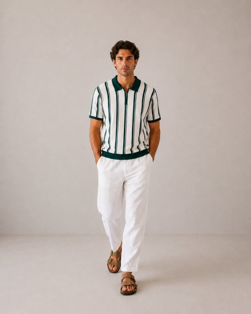 Men's Vertical-Stripe Zip Polo with Contrast Collar - Green