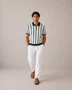 Men's Vertical-Stripe Zip Polo with Contrast Collar - Green