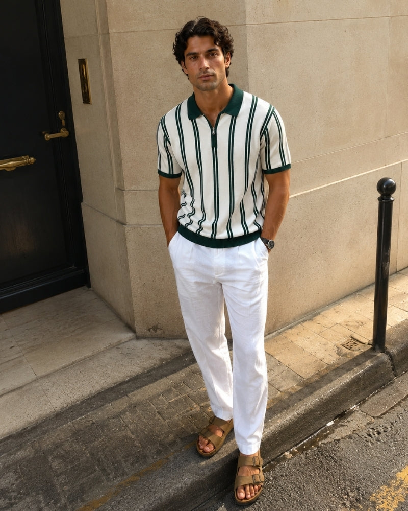 Men's Vertical-Stripe Zip Polo with Contrast Collar - Green