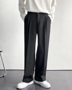 Men's Wide-Leg Pleated Trousers with Button Waist - Black