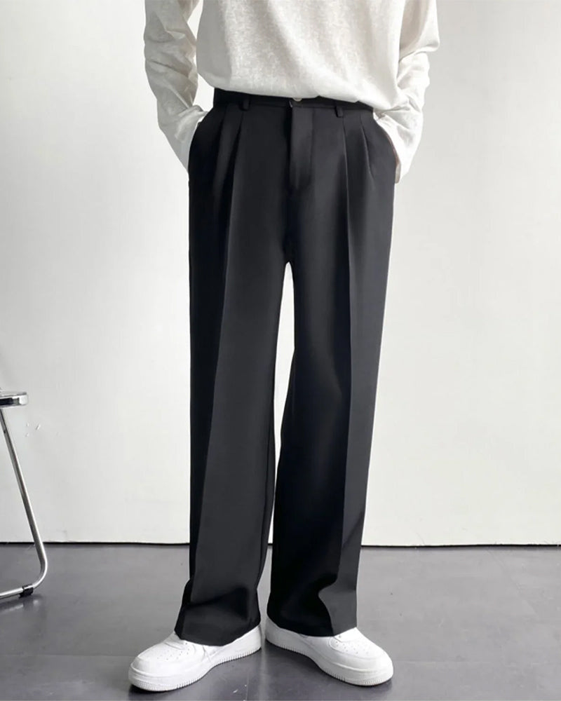 Men's Wide-Leg Pleated Trousers with Button Waist - Black
