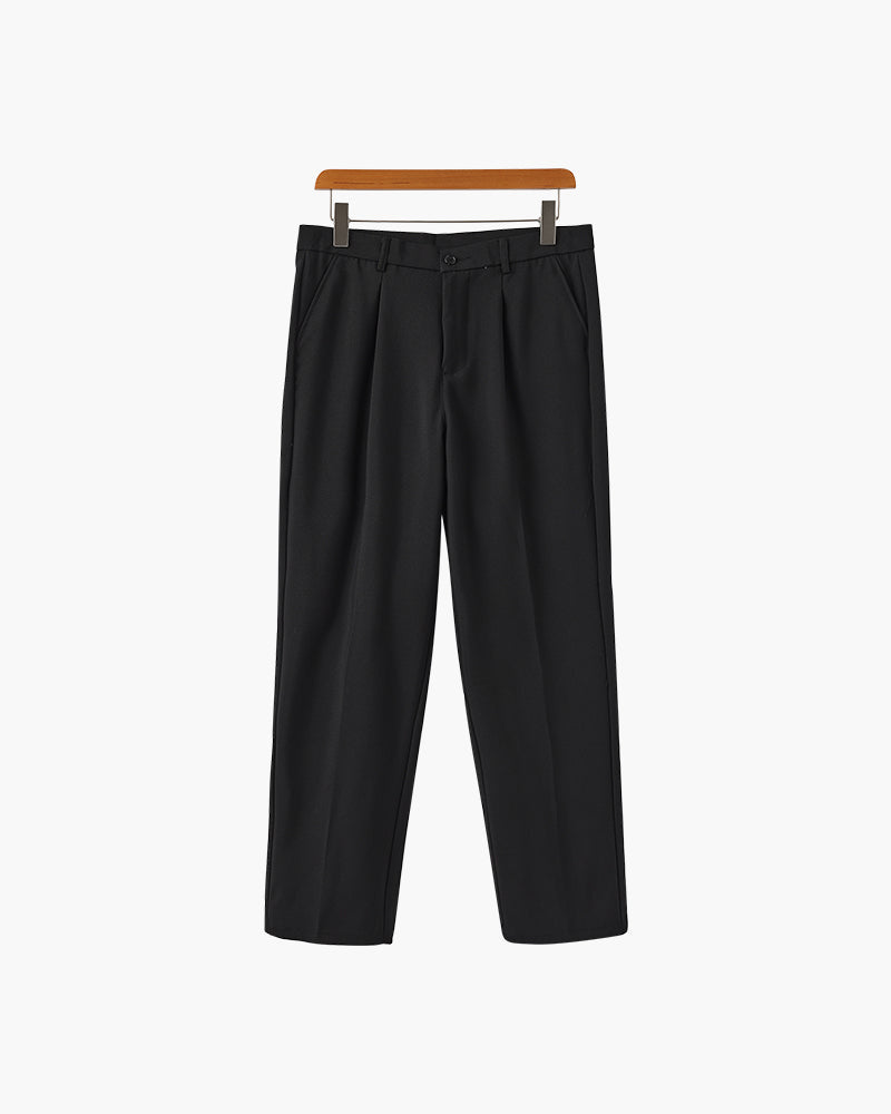 Men's Wide-Leg Pleated Trousers with Button Waist - Black