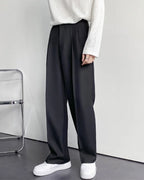 Men's Wide-Leg Pleated Trousers with Button Waist - Black
