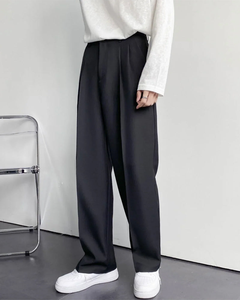 Men's Wide-Leg Pleated Trousers with Button Waist - Black