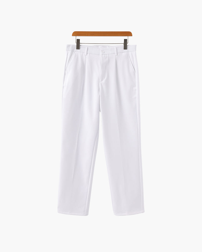 Men's Wide-Leg Pleated Trousers with Button Waist - White