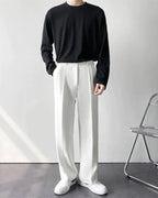 Men's Wide-Leg Pleated Trousers with Button Waist - White