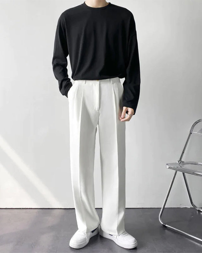 Men's Wide-Leg Pleated Trousers with Button Waist - White