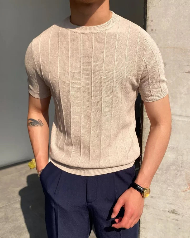 Men's Wide-Rib Crew-Neck Top with Short Sleeves - Beige