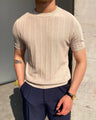 Men's Wide-Rib Crew-Neck Top with Short Sleeves - Beige