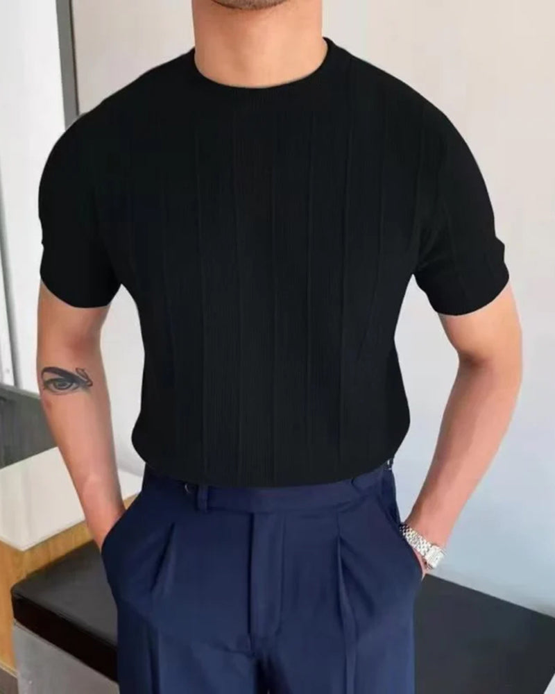 Men's Wide-Rib Crew-Neck Top with Short Sleeves - Black