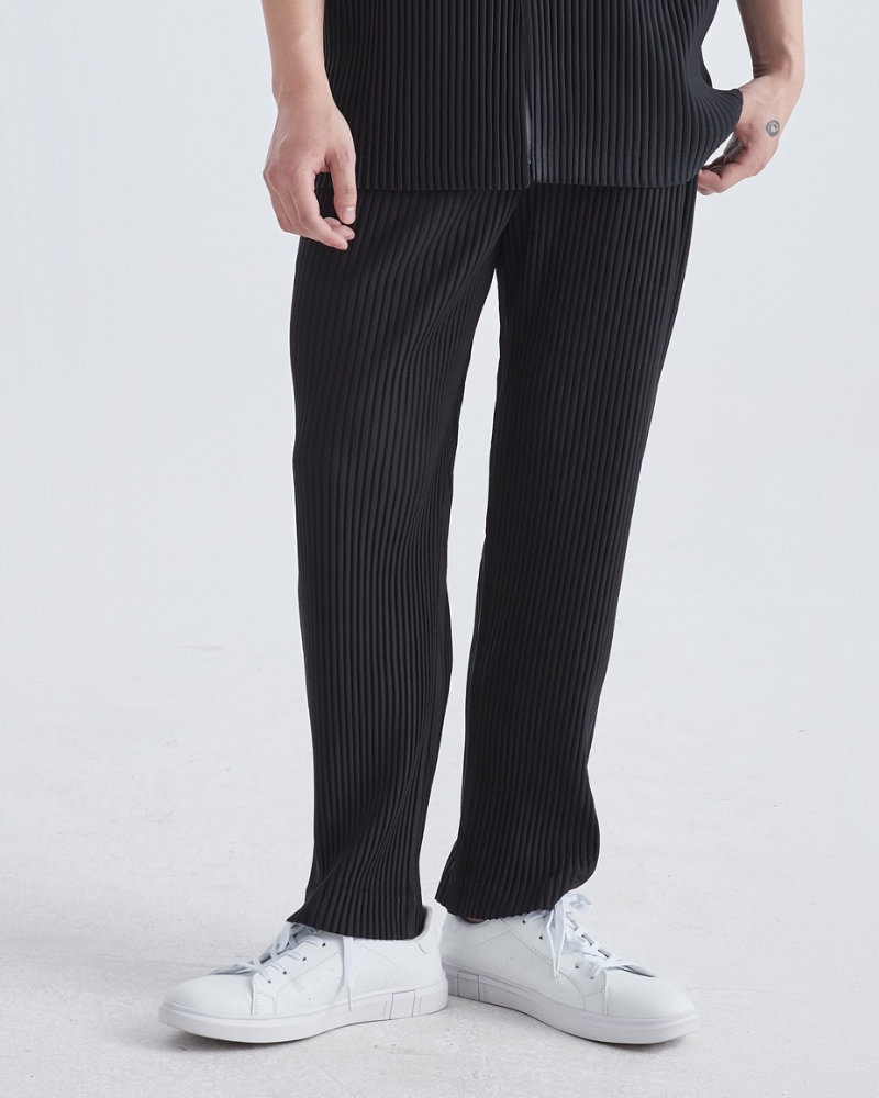 Men's Wide-Rib Straight-Leg Trousers with Side Pockets - Black