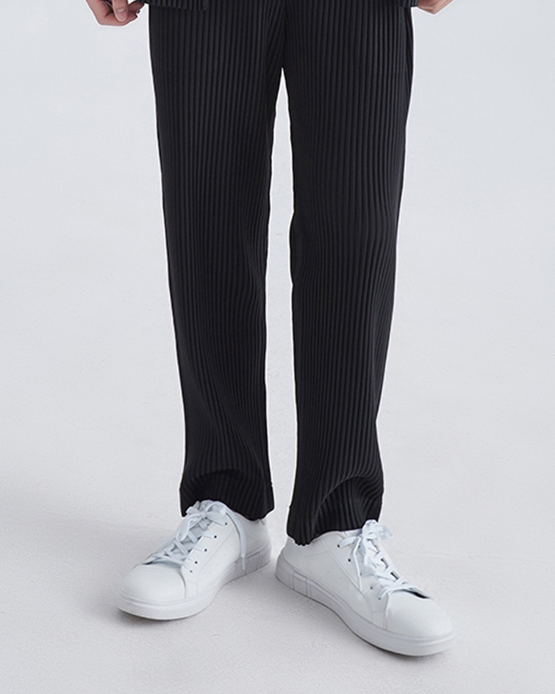 Men's Wide-Rib Straight-Leg Trousers with Side Pockets - Black