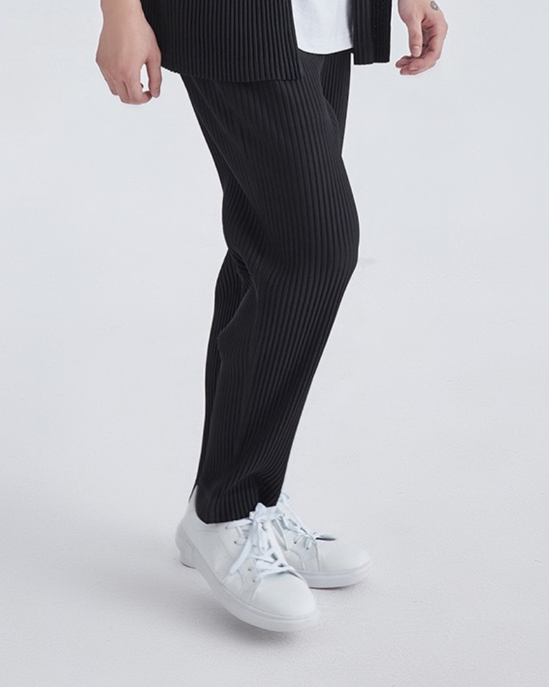 Men's Wide-Rib Straight-Leg Trousers with Side Pockets - Black