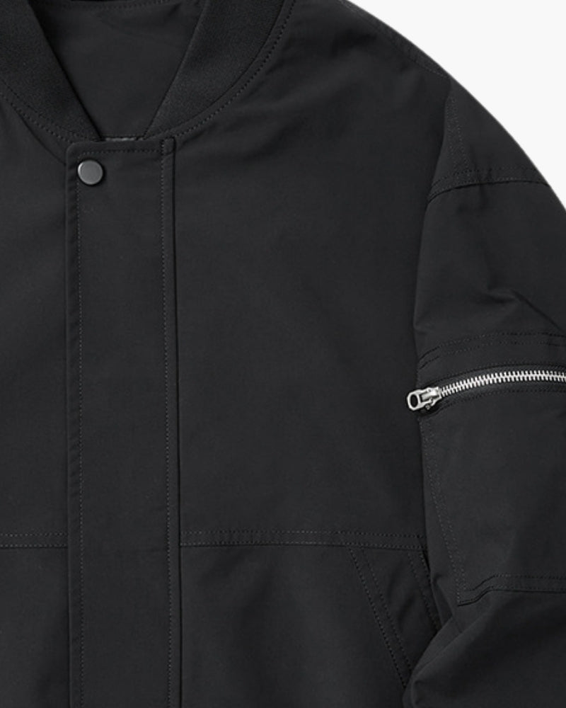 Men's Zip-Front Bomber Jacket with a Sleeve Pocket - Black